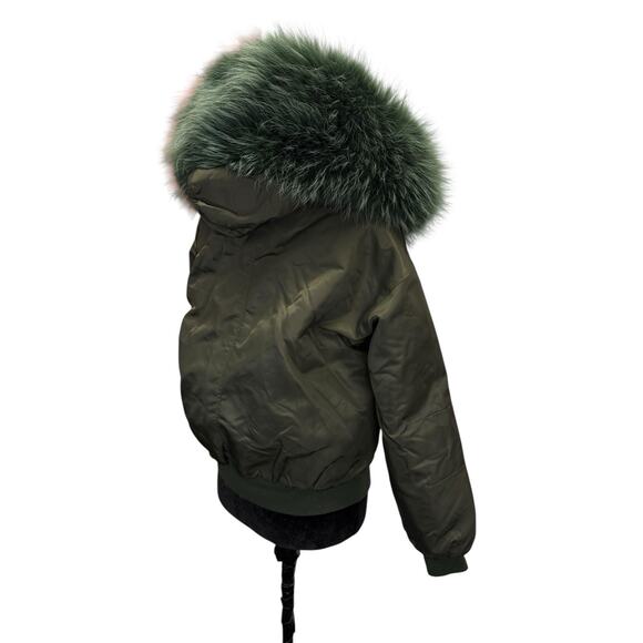Stylish Olive Bomber Jacket with Real Fox Fur Hood • XS/S • Warm & Chic - Picture 5 of 12